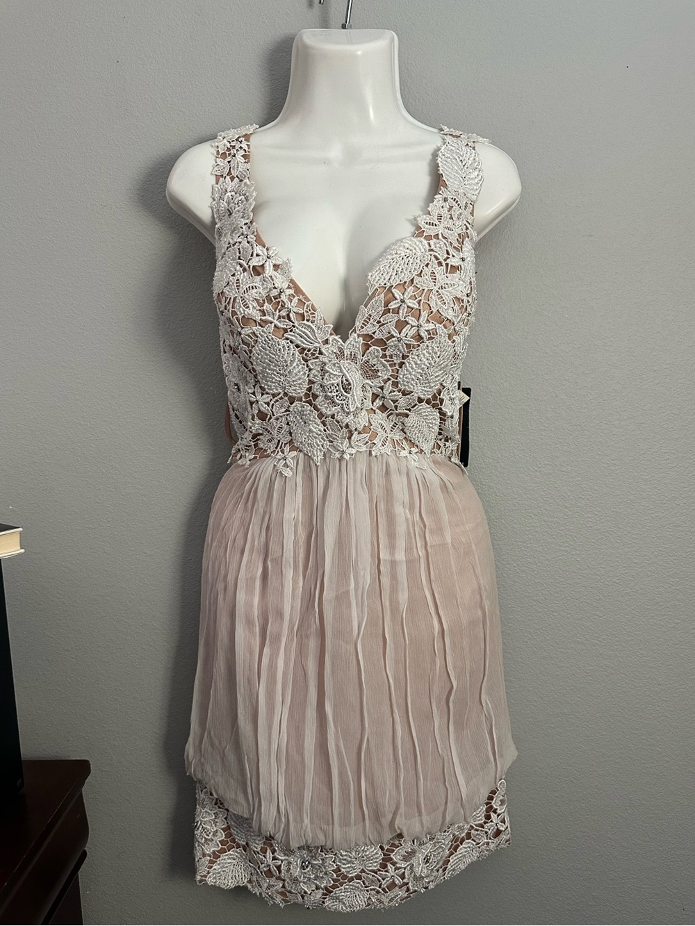 Jovani Blush Pink Lace Bodice Pleated Mini Dress